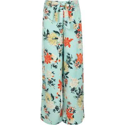 Girls blue tie waist floral palazzo trousers